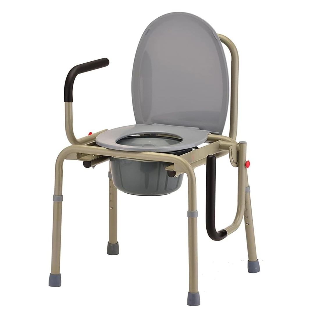 The Nova Drop Arm 3-In-1 Commode features a gray seat and lid, beige metal frame, and black armrests. Its tool-free assembly allows easy mobility and adjustable legs for varying heights. It includes a removable bucket and can be used standalone or over a toilet.